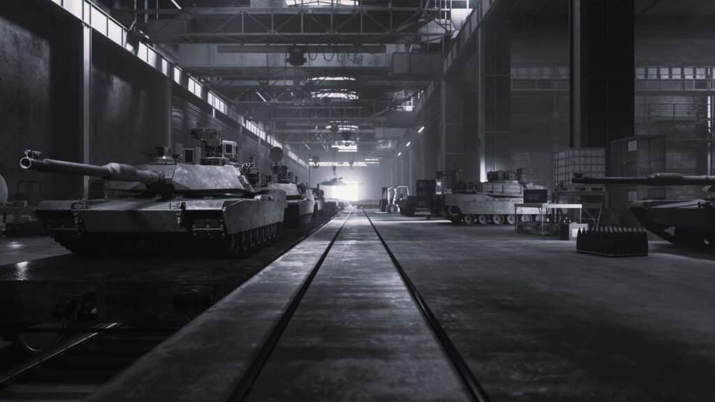 usine de char d’assaut moderne, photographié, donnant une impression de puissance et de robustesse.